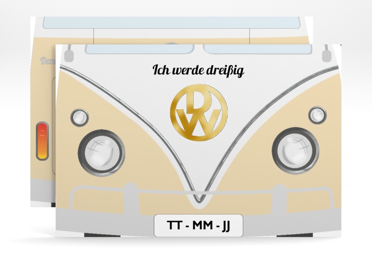 Einladung 30. Geburtstag Bulli Bus A6 Karte quer beige gold