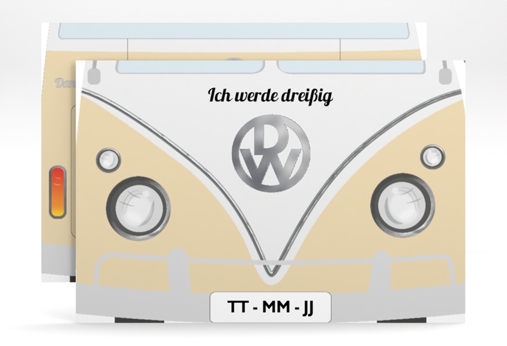 Einladung 30. Geburtstag Bulli Bus A6 Karte quer beige silber