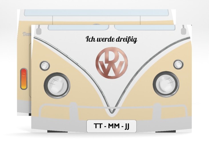 Einladung 30. Geburtstag Bulli Bus A6 Karte quer beige rosegold