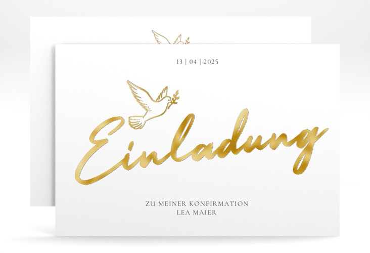 Konfirmationseinladung Edeltaube A6 Karte quer weiss gold