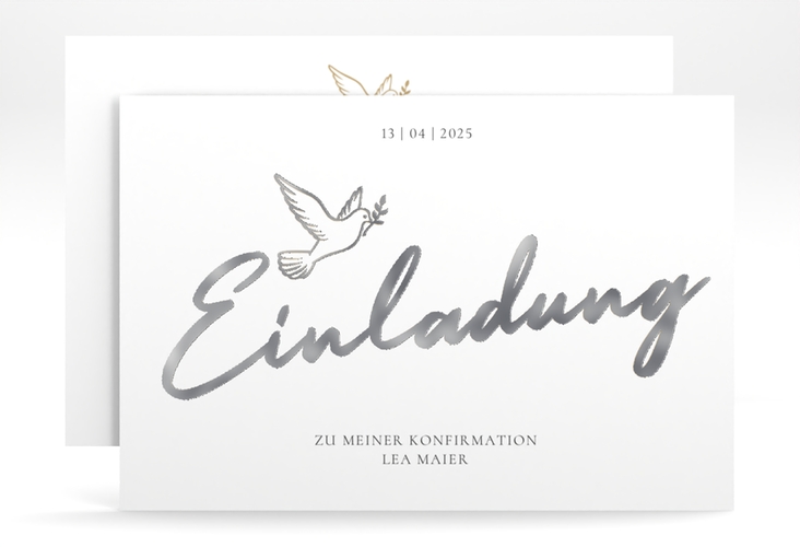 Konfirmationseinladung Edeltaube A6 Karte quer weiss silber