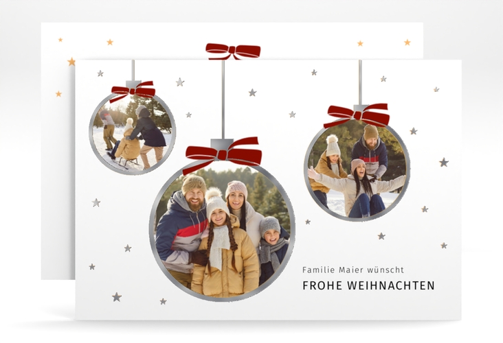 Weihnachtskarte Weihnachtsglanz A6 Karte quer weiss silber für Weihnachtsgrüße mit Familienfoto
