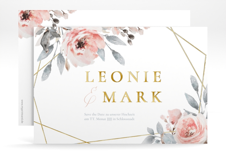 Save the Date-Karte Perfection A6 Karte quer weiss gold mit rosa Rosen