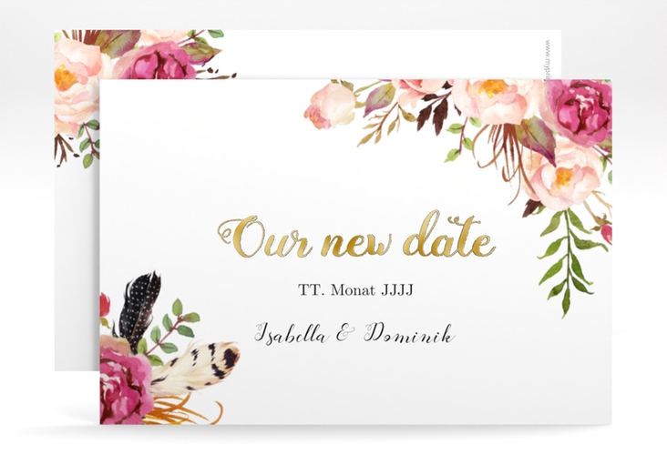 Change the Date-Karte Flowers A6 Karte quer weiss gold mit bunten Aquarell-Blumen