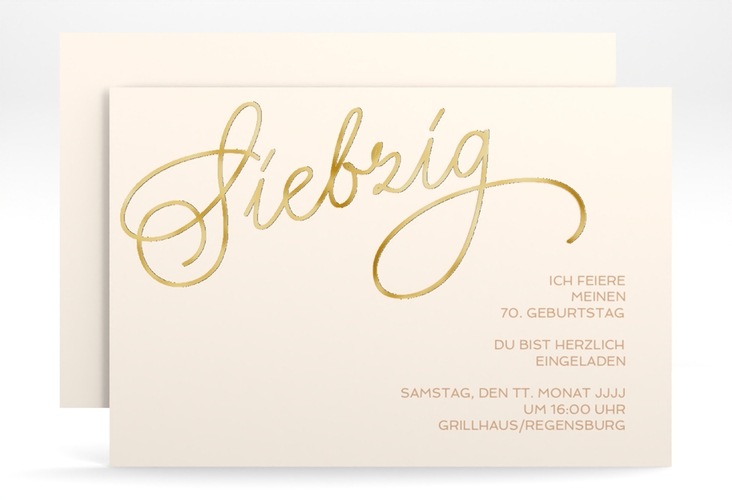 Einladung 70. Geburtstag Schwungvoll A6 Karte quer beige gold