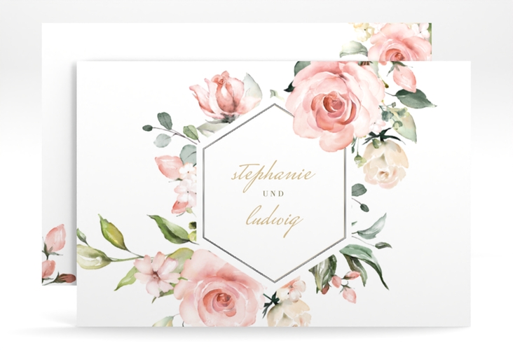 Change the Date-Karte Graceful A6 Karte quer weiss silber mit Rosenblüten in Rosa und Weiß