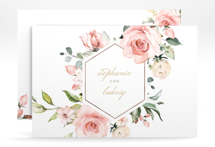 Change the Date-Karte Graceful A6 Karte quer weiss rosegold mit Rosenblüten in Rosa und Weiß