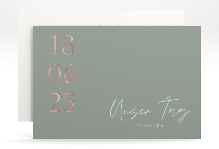 Save the Date-Karte Day A6 Karte quer gruen rosegold mit Datum im minimalistischen Design