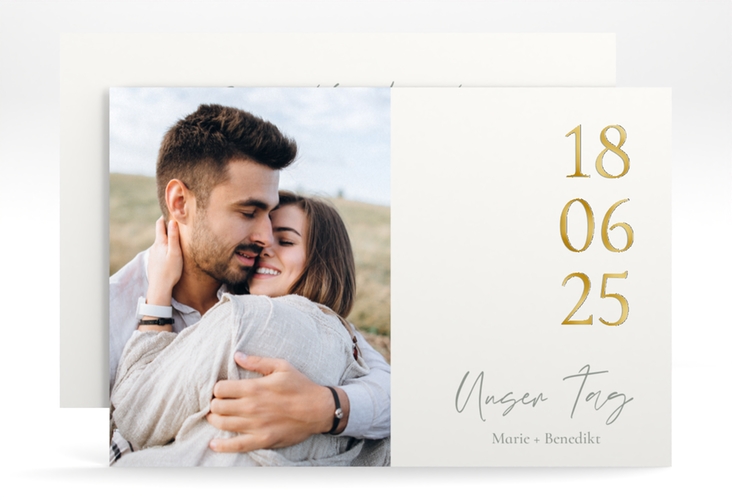 Save the Date-Karte Unser Tag A6 Karte quer weiss gold mit Foto und großem Datum