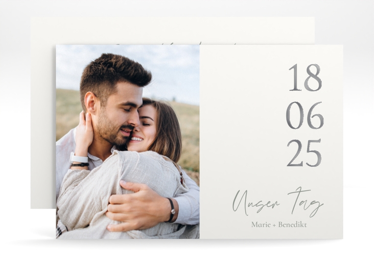 Save the Date-Karte Unser Tag A6 Karte quer weiss silber mit Foto und großem Datum