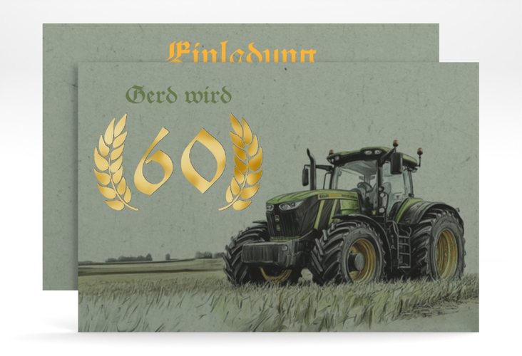 Einladung 60. Geburtstag Trekker A6 Karte quer gruen gold