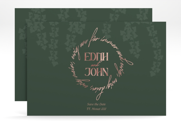 Save the Date-Karte Efeugrün A6 Karte quer gruen rosegold im Fantasy-Elfen-Design mit Efeu