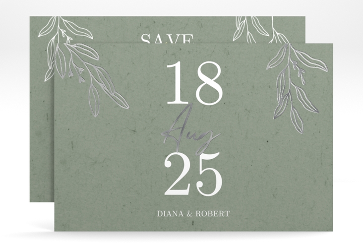 Save the Date-Karte Greendate A6 Karte quer gruen silber rustikal mit Holz, Eukalyptus und Immergrün