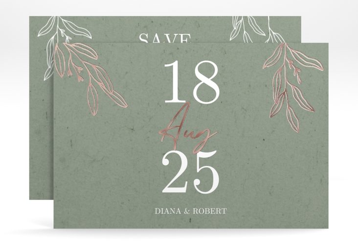 Save the Date-Karte Greendate A6 Karte quer gruen rosegold rustikal mit Holz, Eukalyptus und Immergrün