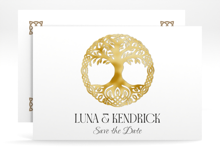 Save the Date-Karte Lebensbaum A6 Karte quer weiss gold im Stil der Kelten und Wikinger