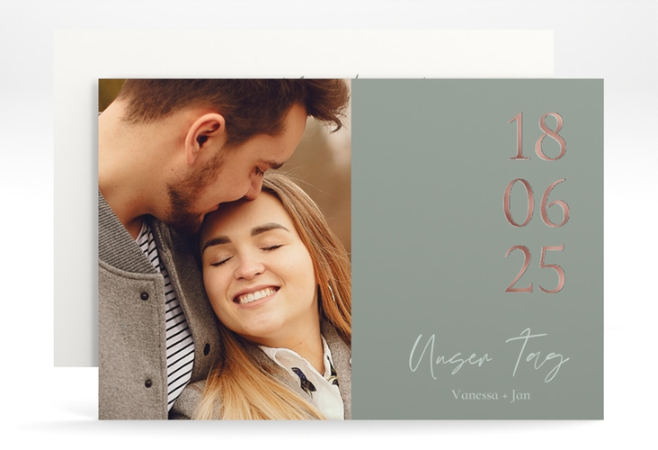 Save the Date-Karte Day A6 Karte quer gruen rosegold mit Datum im minimalistischen Design