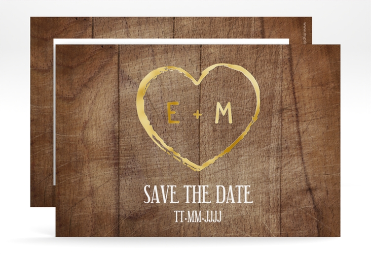 Save the Date-Karte Wood A6 Karte quer braun gold in Holz-Optik mit Herz und Initialen