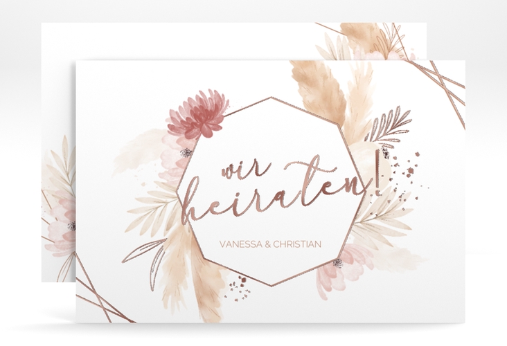 Save the Date-Karte Bohostyle A6 Karte quer beige rosegold mit Pampasgras in Aquarell