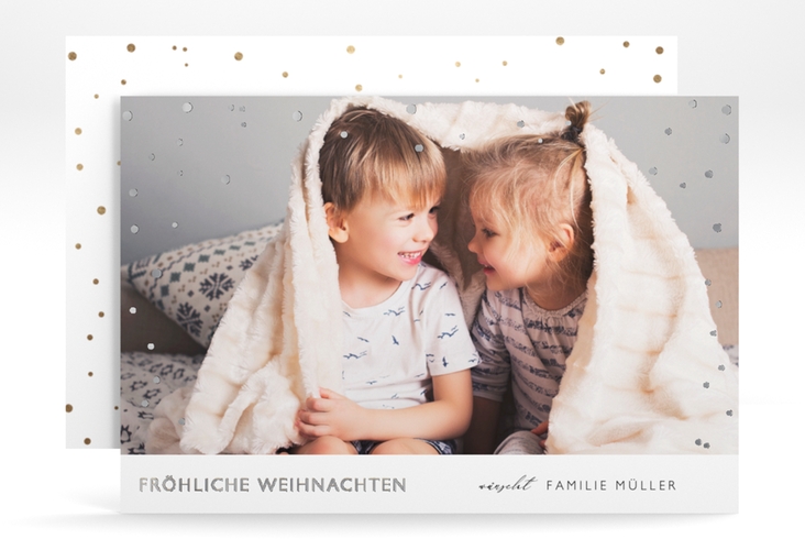 Weihnachtskarte Zeit A6 Karte quer weiss silber für Weihnachtsgrüße mit Familienfoto