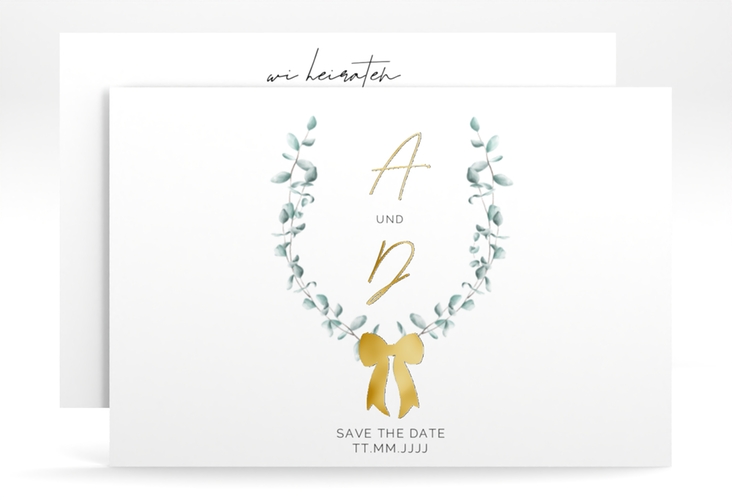 Save the Date-Karte Eucalypt Bow A6 Karte quer gruen gold