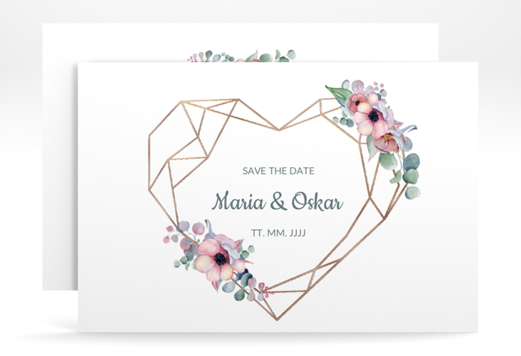 Save the Date-Karte Herzgold A6 Karte quer weiss rosegold