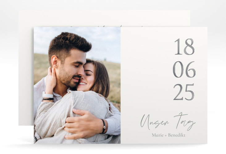 Save the Date-Karte Unser Tag A6 Karte quer weiss silber