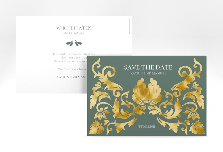 Save the Date-Karte Royal A6 Karte quer gruen gold mit barockem Blumen-Ornament