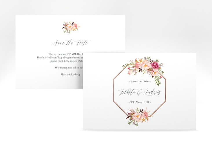 Save the Date-Karte Prachtvoll A6 Karte quer weiss rosegold