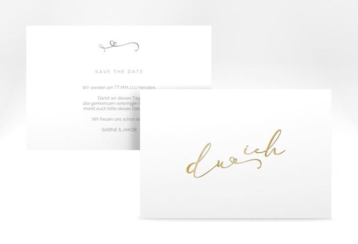 Save the Date-Karte Zweisamkeit A6 Karte quer weiss gold im minimalistischen Stil mit Aufschrift du & ich