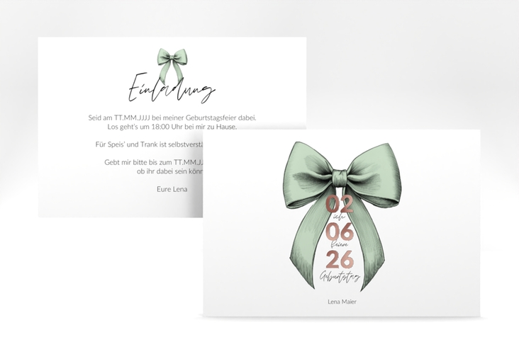 Einladung 30. Geburtstag Geburtstagsschleife A6 Karte quer gruen rosegold