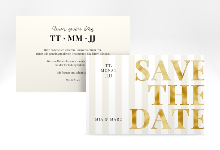 Save the Date-Karte Streifen A6 Karte quer beige gold