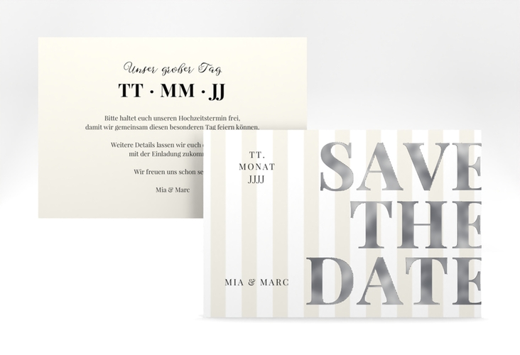 Save the Date-Karte Streifen A6 Karte quer beige silber