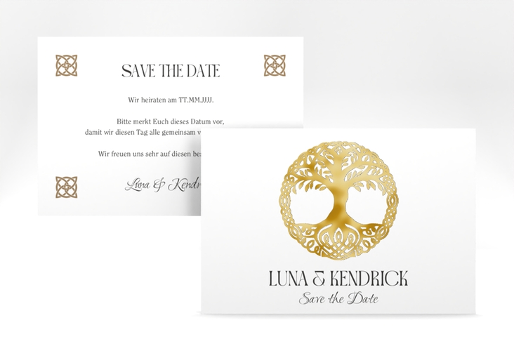 Save the Date-Karte Lebensbaum A6 Karte quer weiss gold im Stil der Kelten und Wikinger