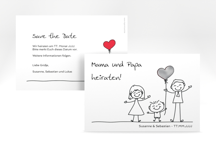 Save the Date-Karte Family A6 Karte quer weiss silber