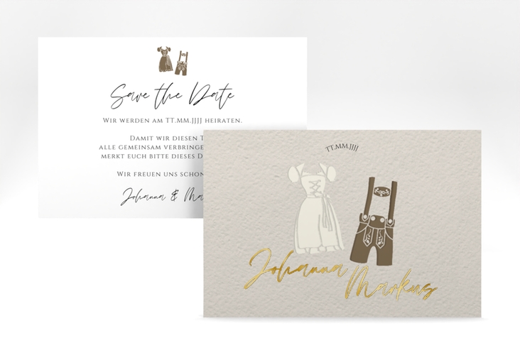 Save the Date-Karte Trachtenhochzeit A6 Karte quer beige gold mit Dirndl und Lederhose