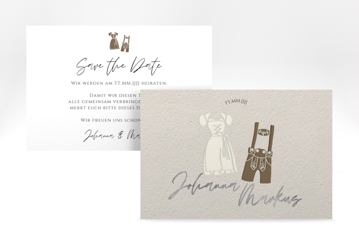 Save the Date-Karte Trachtenhochzeit A6 Karte quer beige silber mit Dirndl und Lederhose