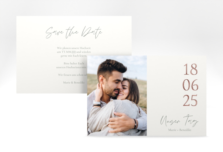 Save the Date-Karte Unser Tag A6 Karte quer weiss rosegold mit Foto und großem Datum