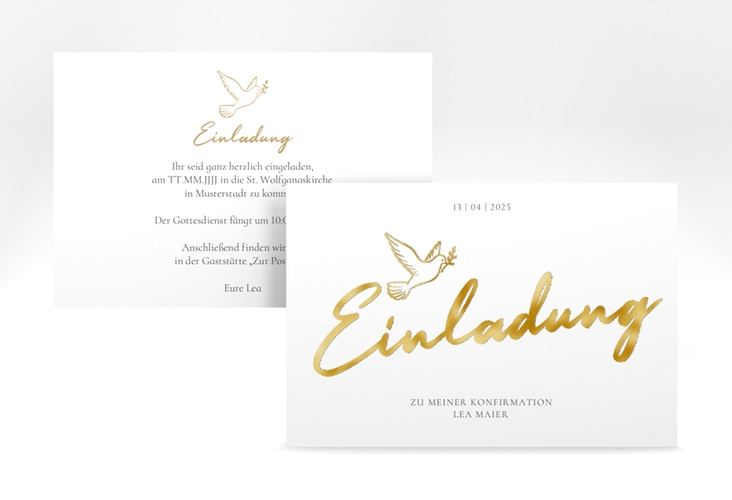 Konfirmationseinladung Edeltaube A6 Karte quer weiss gold