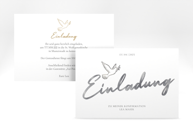 Konfirmationseinladung Edeltaube A6 Karte quer weiss silber