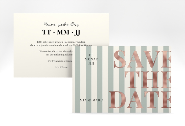 Save the Date-Karte Streifen A6 Karte quer gruen rosegold