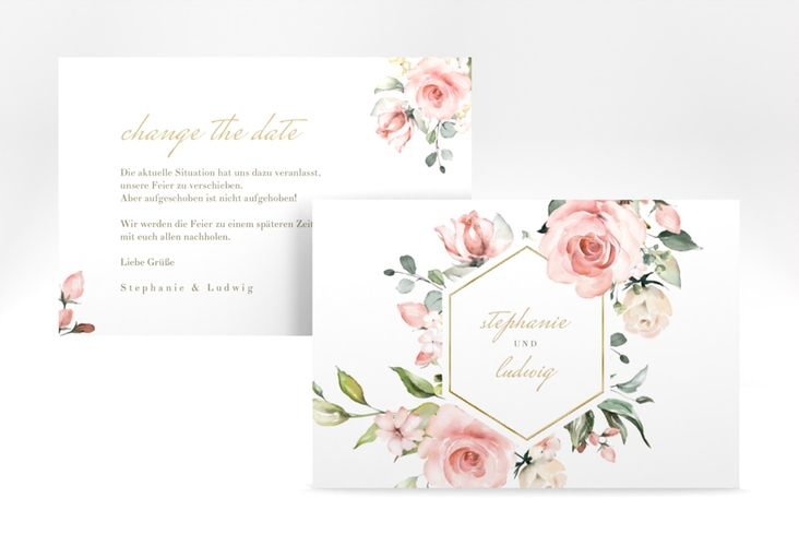 Change the Date-Karte Graceful A6 Karte quer weiss gold mit Rosenblüten in Rosa und Weiß