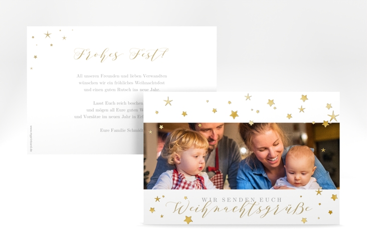 Weihnachtskarte Sternennacht A6 Karte quer weiss gold für Weihnachtsgrüße mit Familienfoto