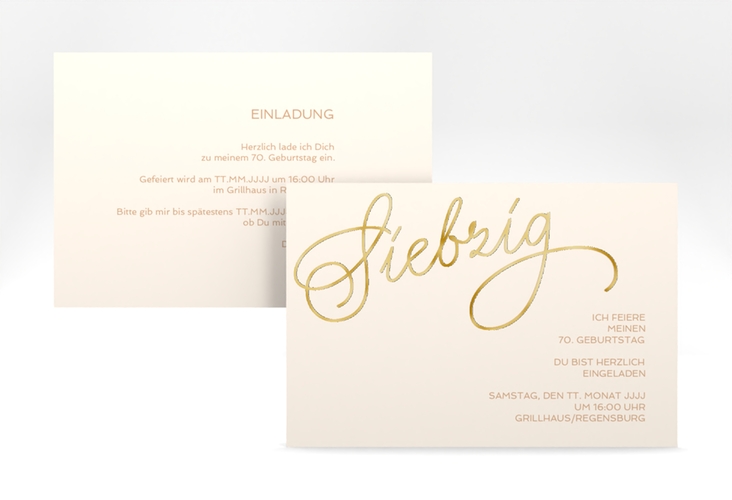 Einladung 70. Geburtstag Schwungvoll A6 Karte quer beige gold