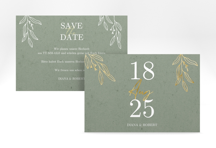 Save the Date-Karte Greendate A6 Karte quer gruen gold rustikal mit Holz, Eukalyptus und Immergrün