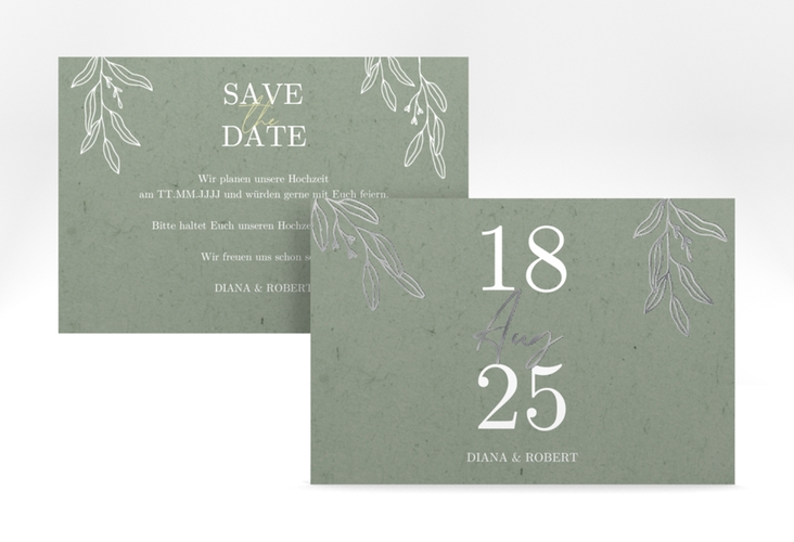 Save the Date-Karte Greendate A6 Karte quer gruen silber rustikal mit Holz, Eukalyptus und Immergrün