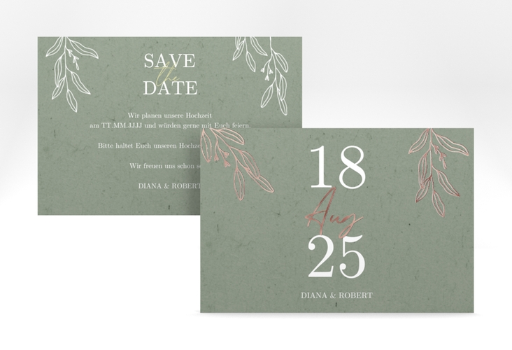 Save the Date-Karte Greendate A6 Karte quer gruen rosegold rustikal mit Holz, Eukalyptus und Immergrün