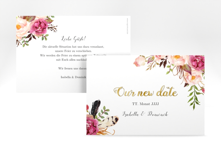 Change the Date-Karte Flowers A6 Karte quer weiss gold mit bunten Aquarell-Blumen