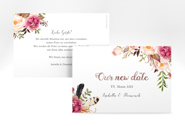 Change the Date-Karte Flowers A6 Karte quer weiss rosegold mit bunten Aquarell-Blumen