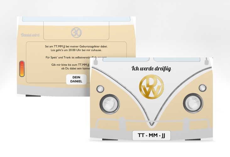 Einladung 30. Geburtstag Bulli Bus A6 Karte quer beige gold
