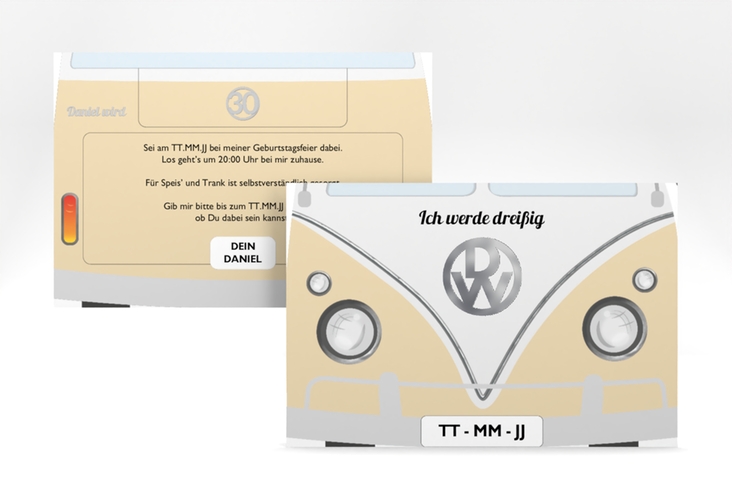 Einladung 30. Geburtstag Bulli Bus A6 Karte quer beige silber
